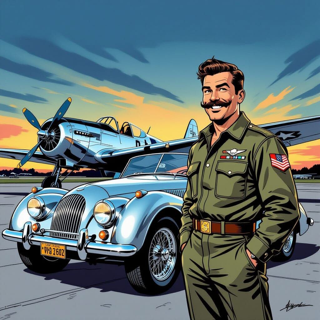 Heroic Fighter Pilot Beside Classic Car, Comic Book Style