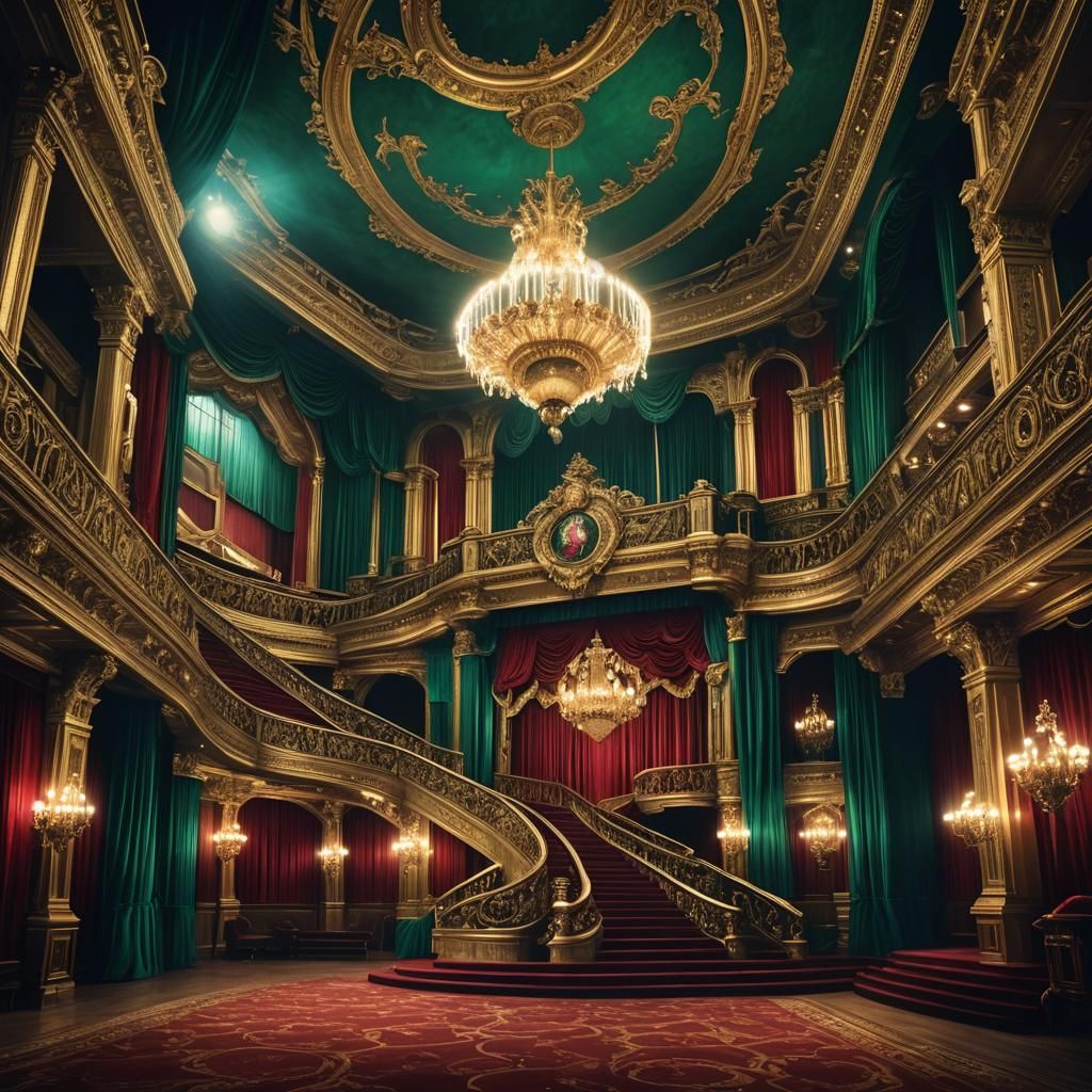 Majestic Opera House with Emerald and Ruby Hues