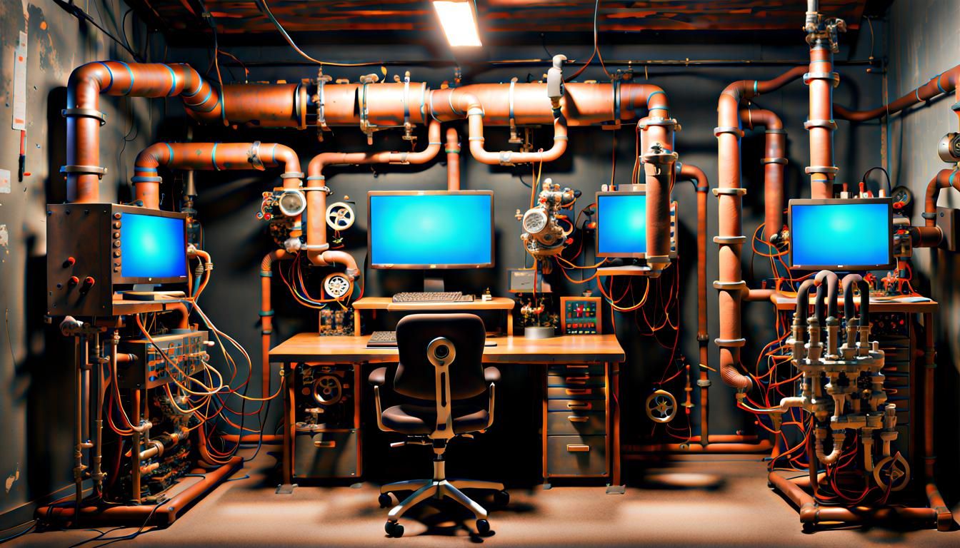 Steampunk Computer with Monitors in Post-Apocalyptic Setting