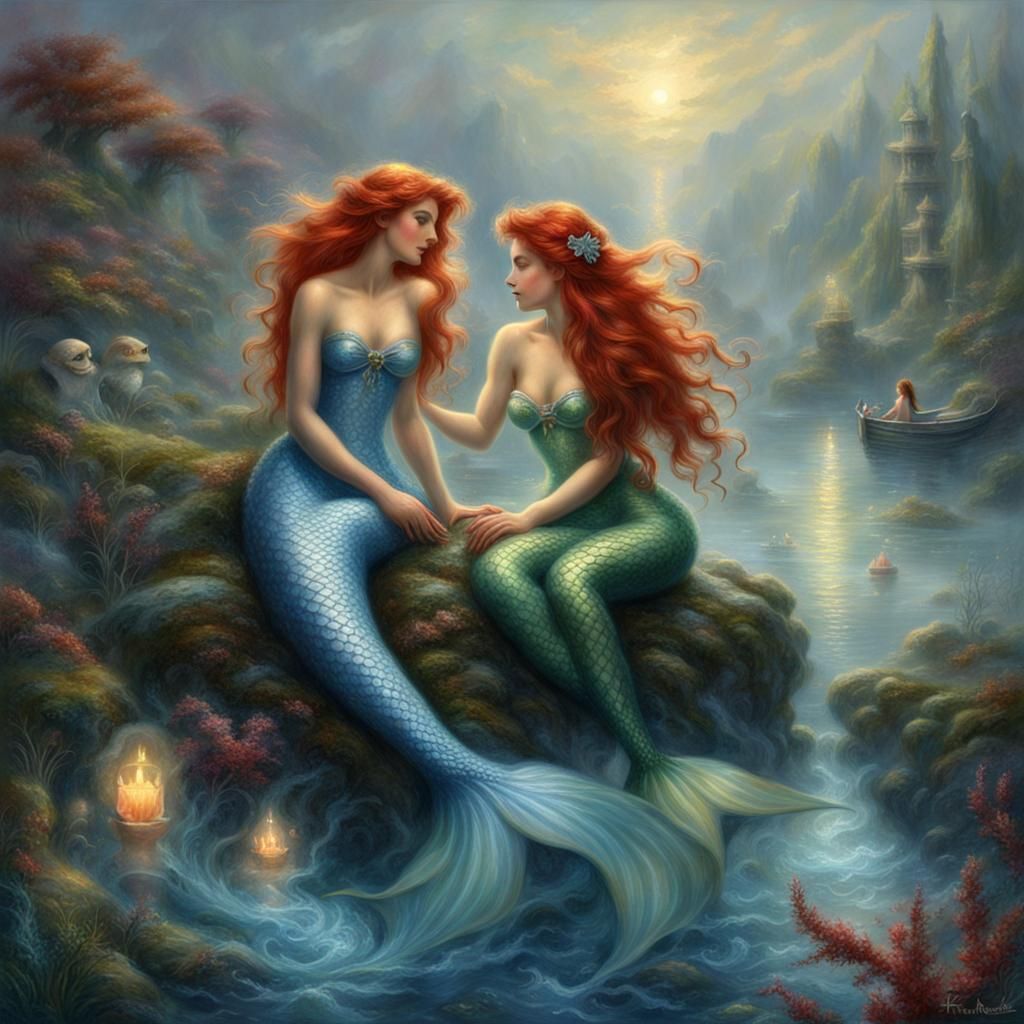 Red and Blue Haired Mermaids in Ethereal Fantasy Style
