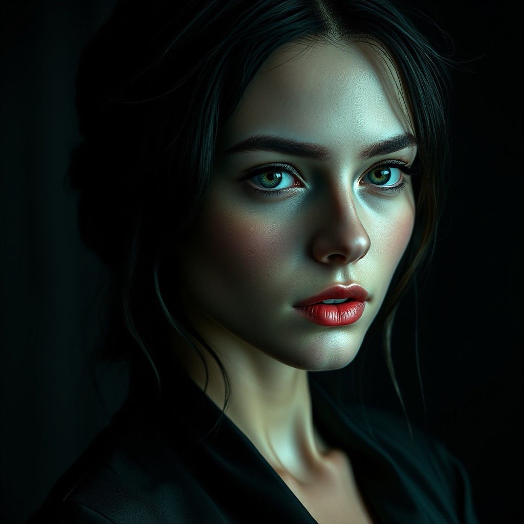 Mysterious Emerald-Eyed Woman in Dark Silk Gown