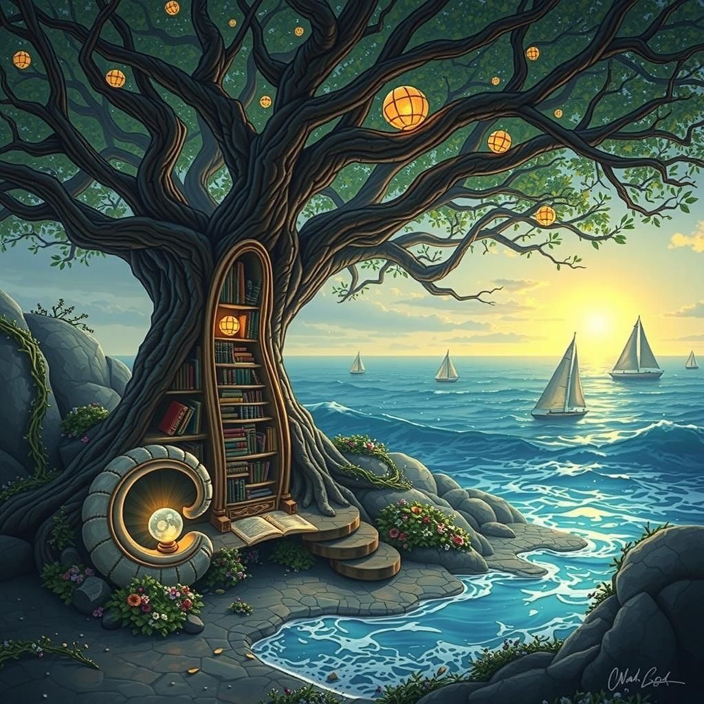 Ocean Library with Nautilus Shell in Dreamlike Style