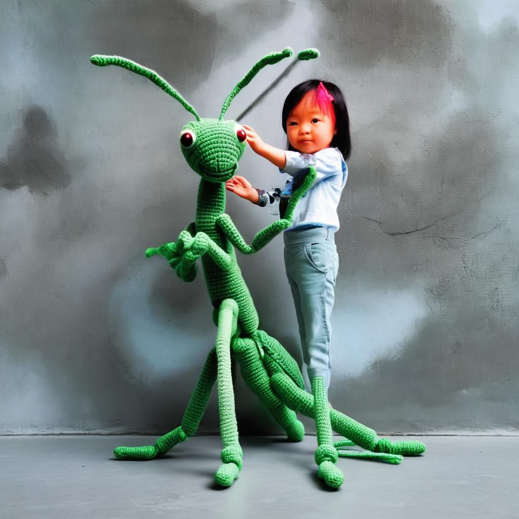Child with Giant Crochet Amigurumi Praying Mantis