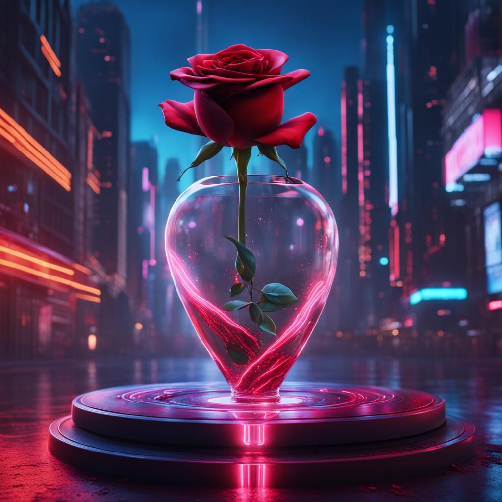 an AI artwork of a futuristic, levitating vase holding a single crimson rose in a cityscape filled with neon lights.