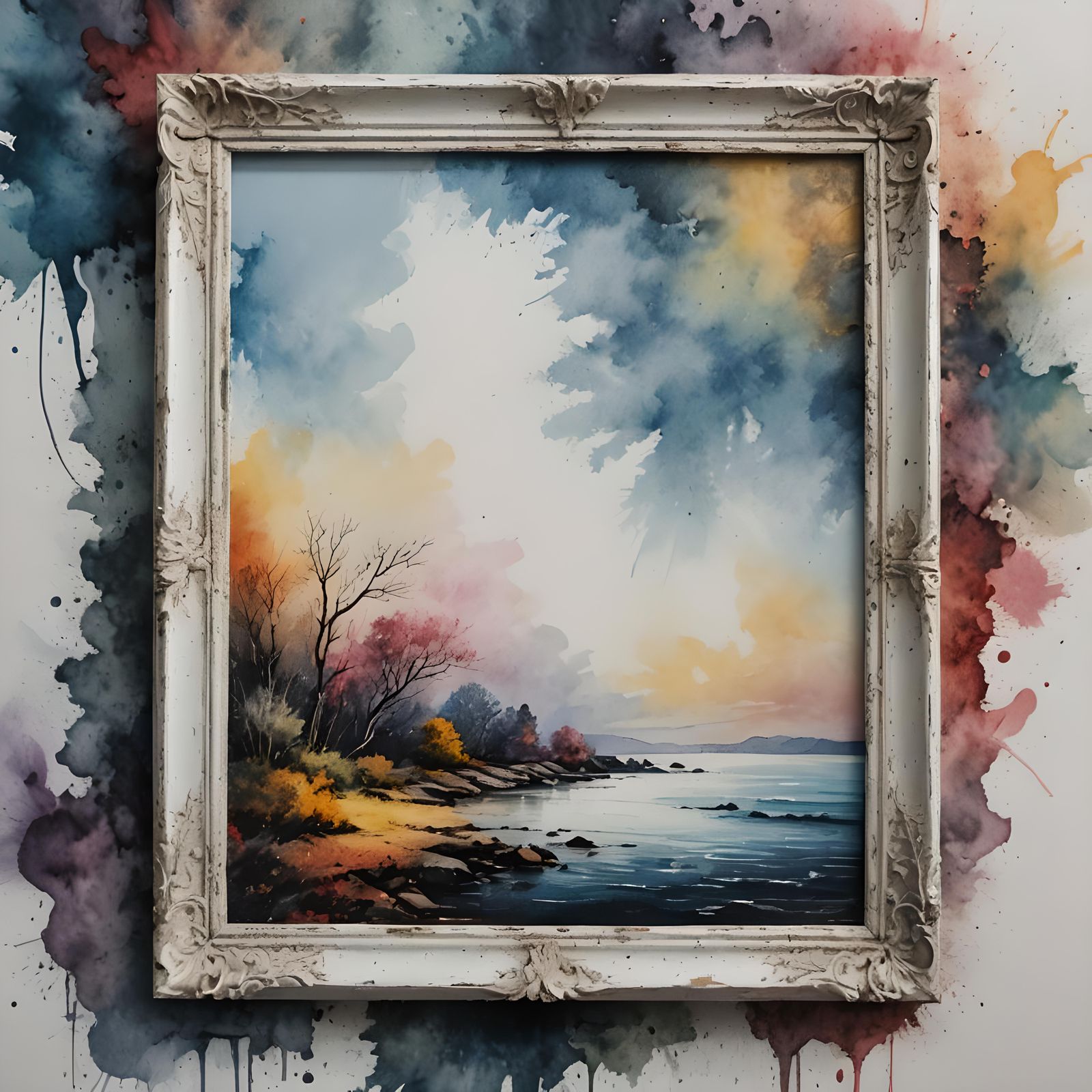 Colorful Ink Vignette Frame on Canvas Texture