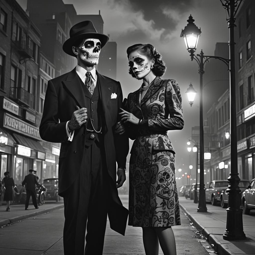 Sugar Skull Couple in Noir Cityscape