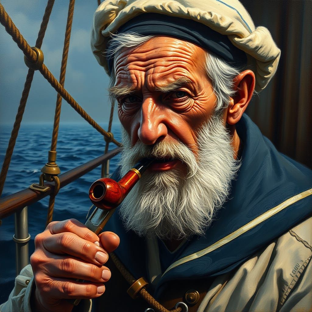 Weathered Sailor with Pipe: Oil Painting in Rembrandt Lighti...