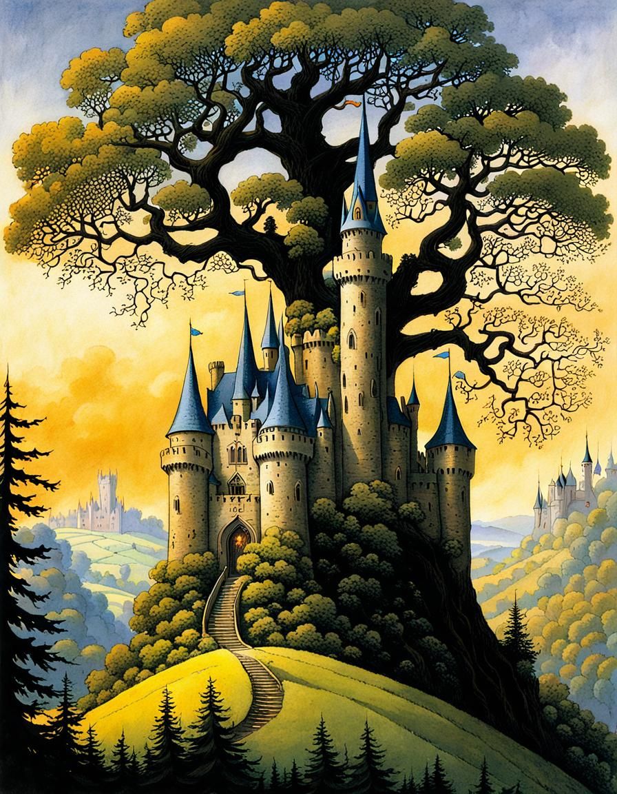 Whimsical Tree Castle, Watercolor Style