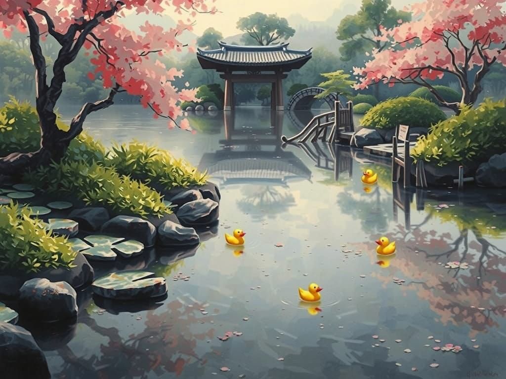 Serene Japanese Garden with Giant Rubber Duckies in Soft Foc...