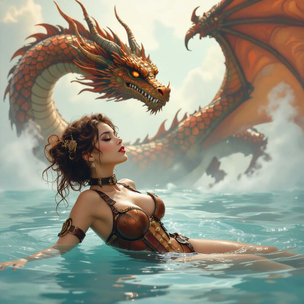 Steampunk Swimmer with Dragon, Syd Mead Style
