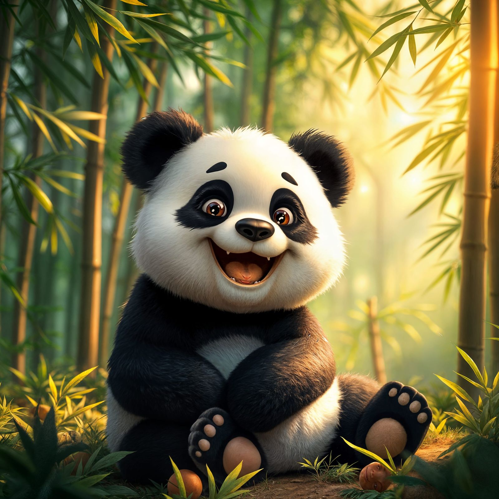 Whimsical Panda in Peaceful Forest Landscape