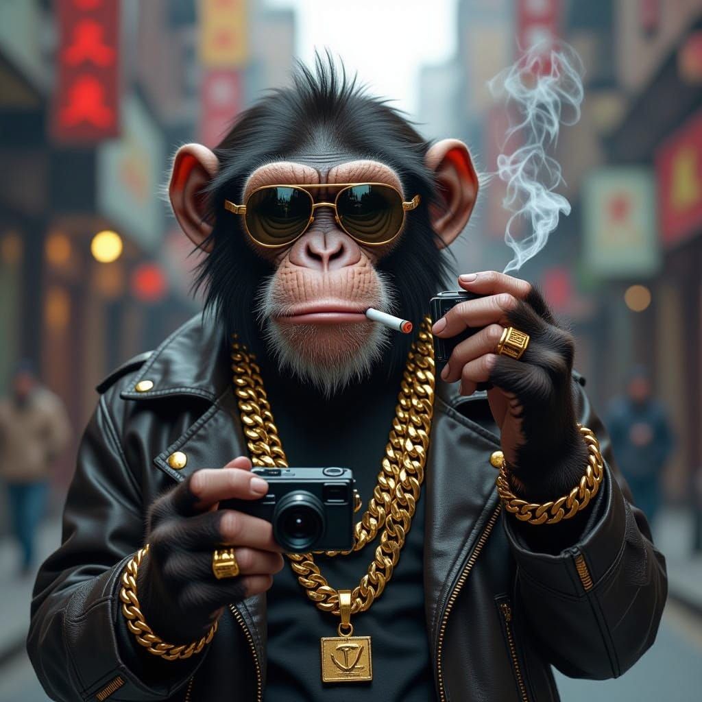 Gritty Urban Monkey Snaps a Photo, Gold Chains Shining