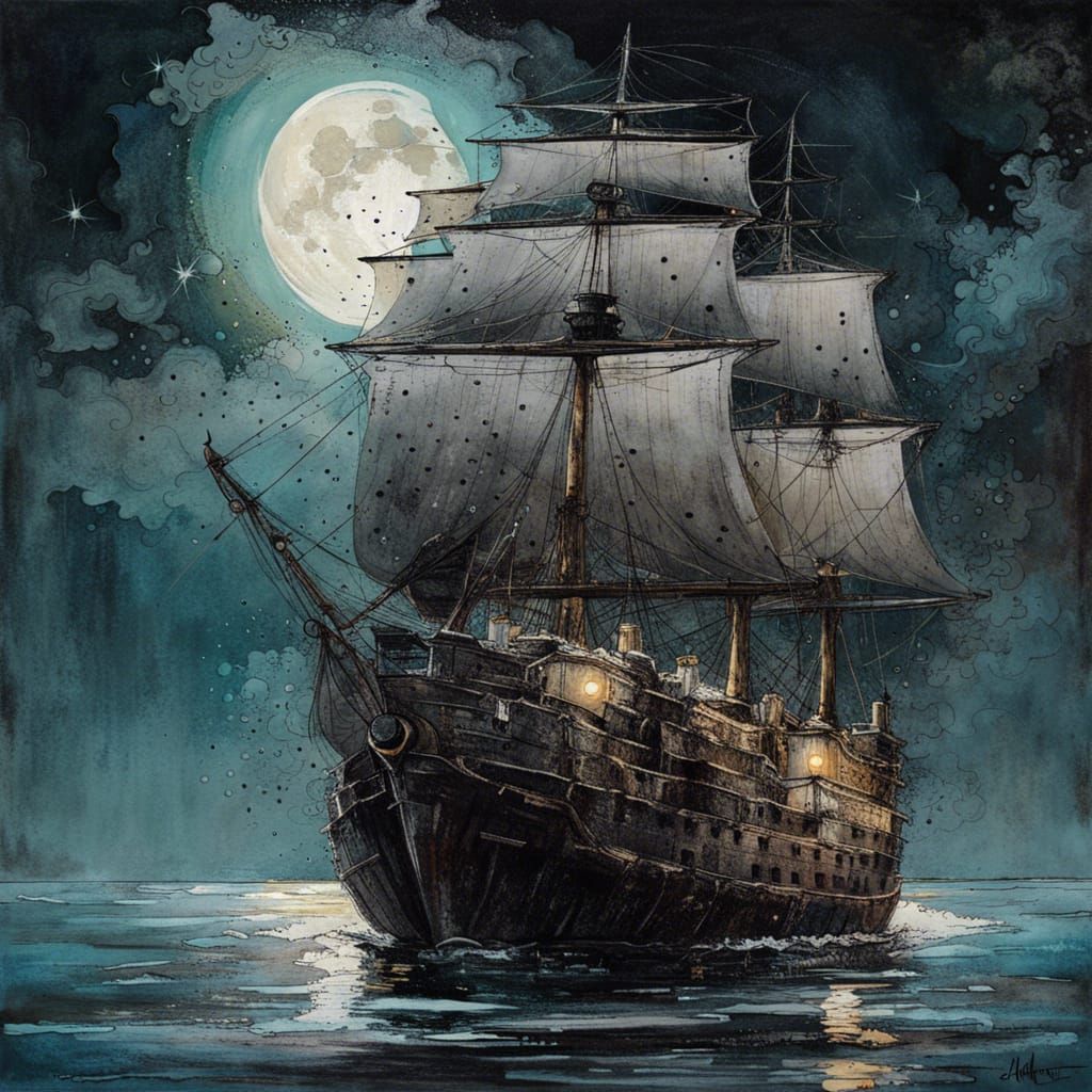 Moonlit Ship in Reverse Graffiti Style