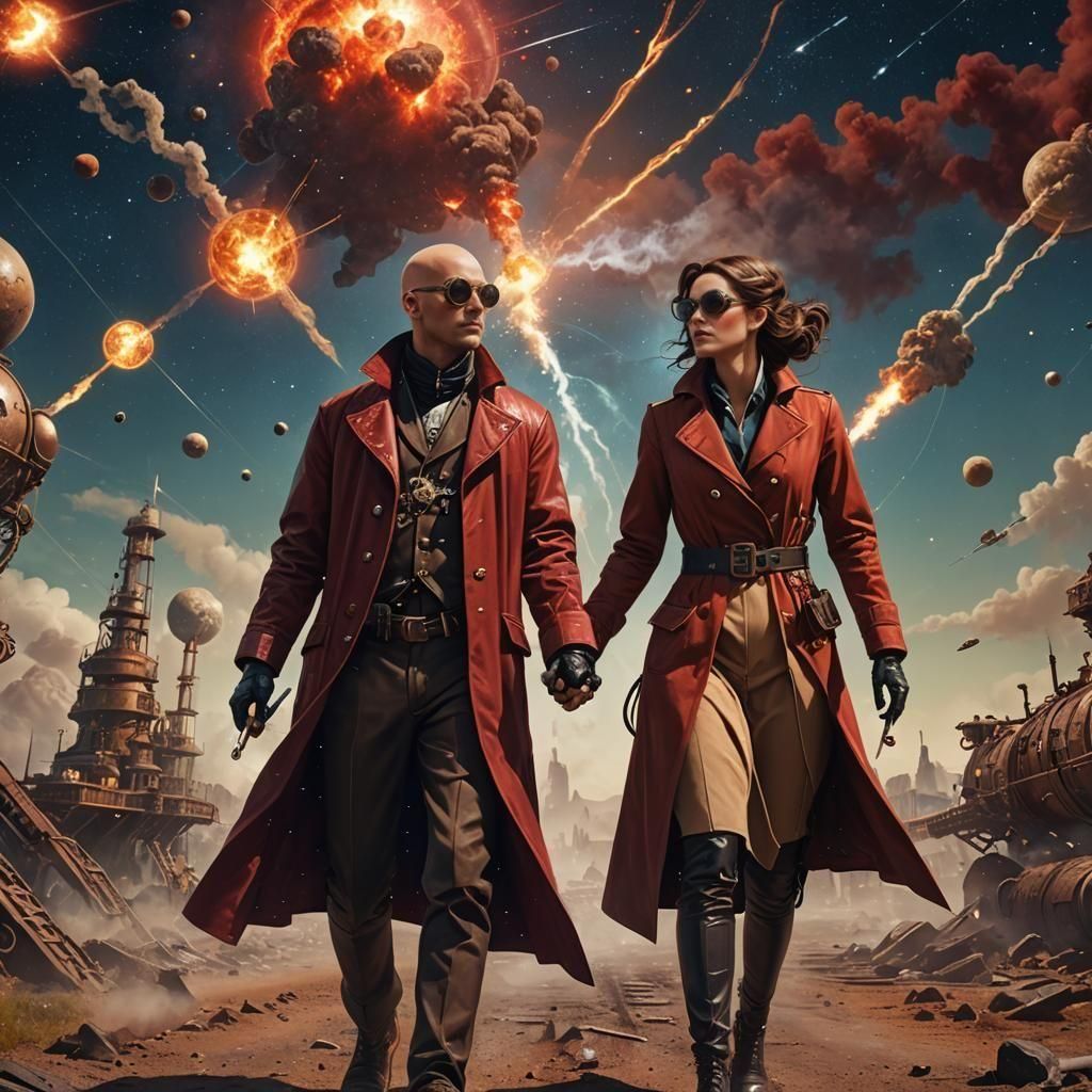 Steampunk Scientist and Explorer Amidst Exploding Planets