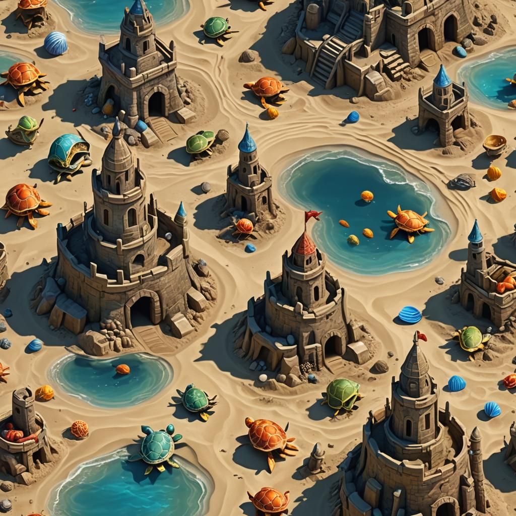 Beach Day with Turtles Building Sandcastles: Digital Art