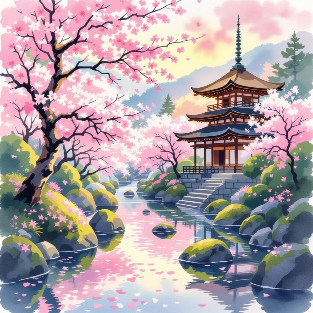 Kyoto Cherry Grove Watercolor Painting