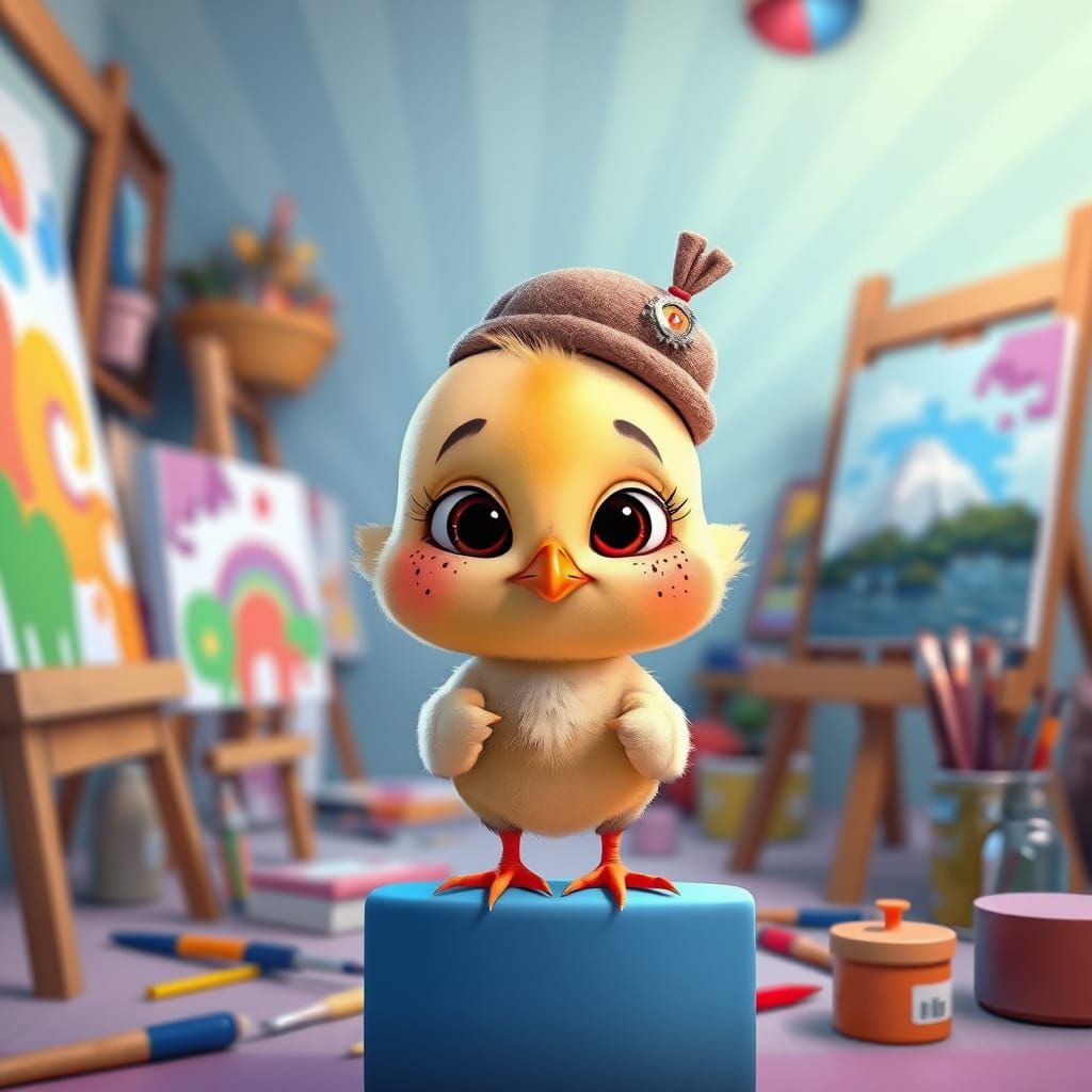 Adorable Chick in Art Studio, Pixar-Style 3D Render