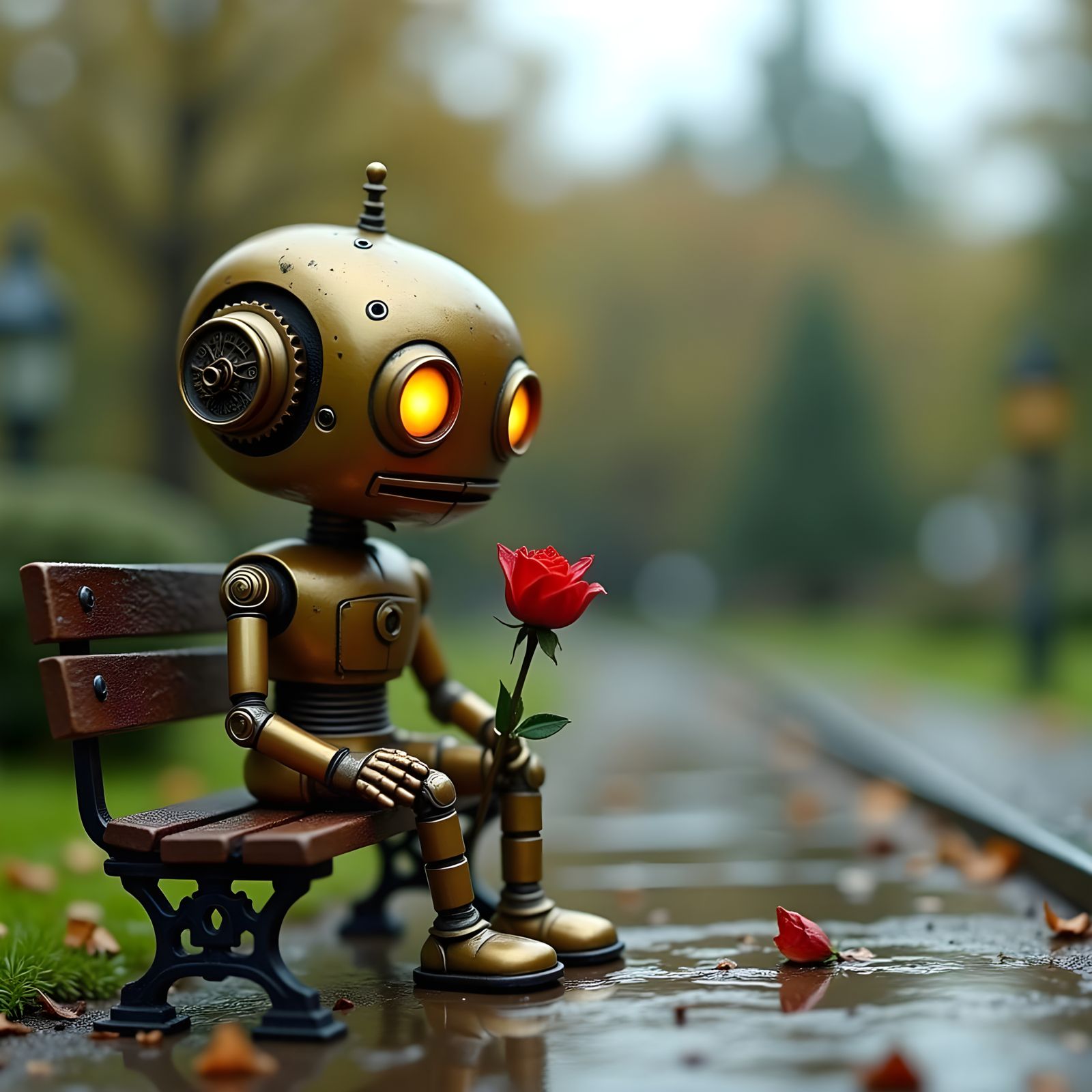 Crying Robot with Rose in Rainy Park