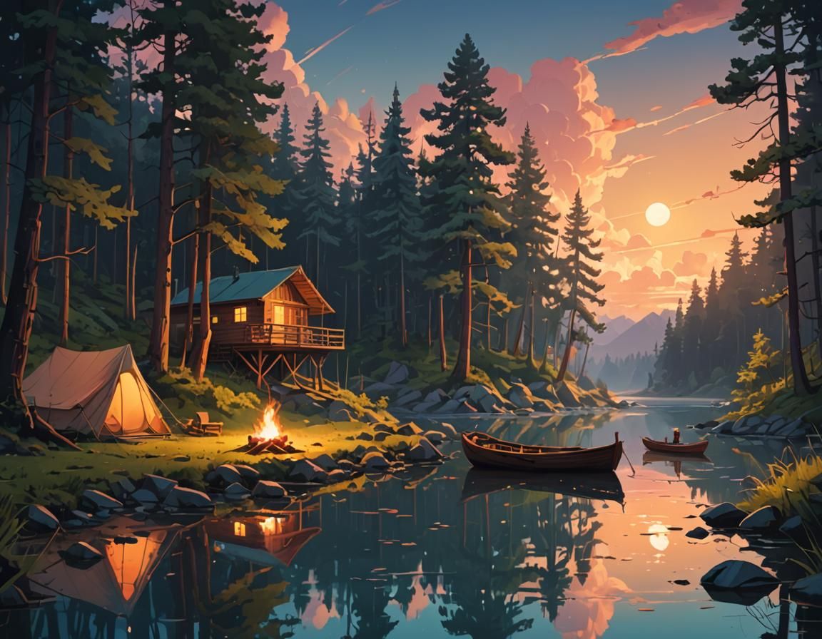 Campsite at Twilight: Photorealistic Digital Painting