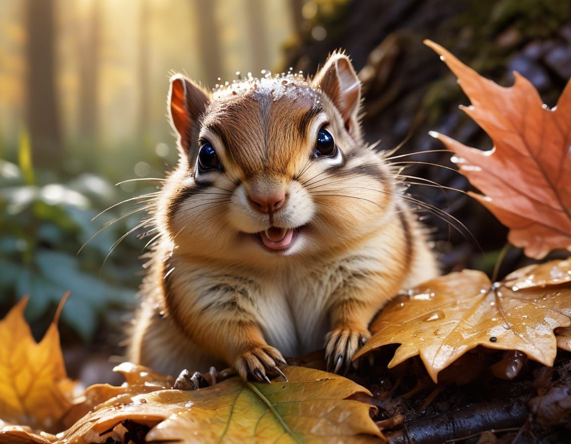 Chubby Chipmunk Peeking From Autumn Leaf in Watercolor Style
