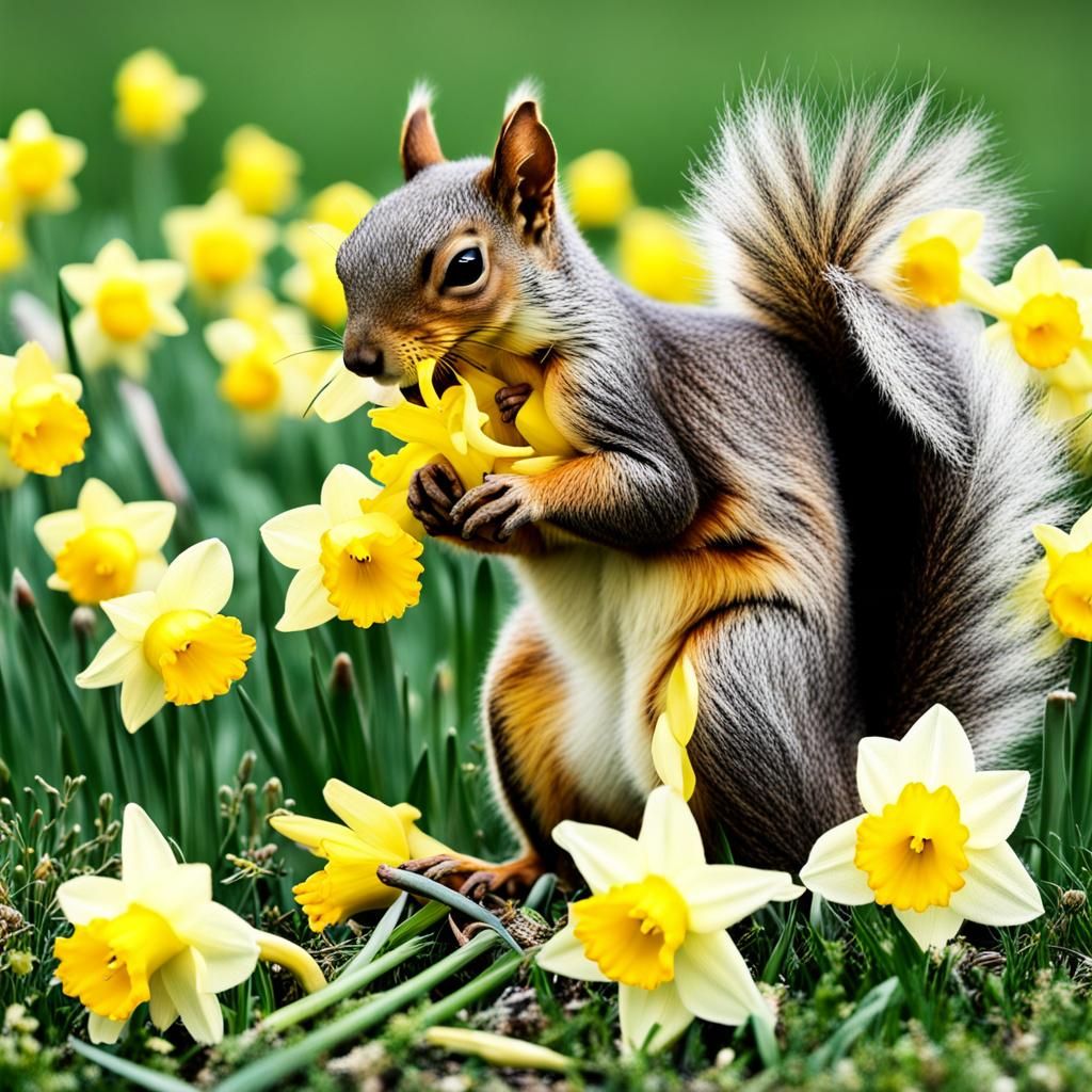 Squirrel Eating Daffodils in Field