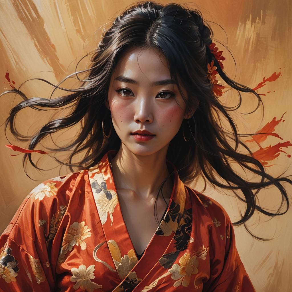 Asian Woman in Kimono: Hyperrealistic Digital Portrait