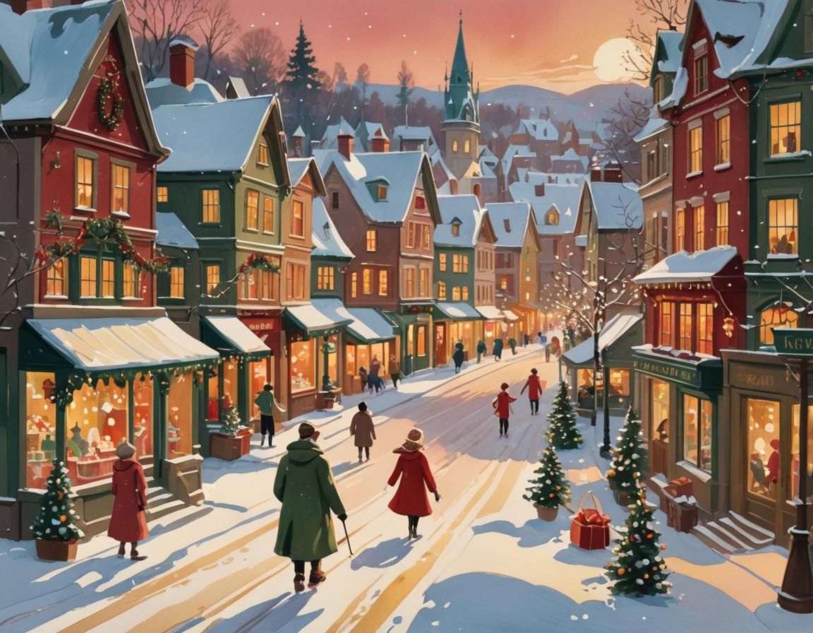 Festive Figure in Snowy Christmas Town Gouache Illustration