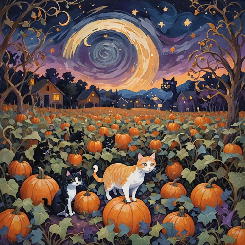 Cats Play in Pumpkin Field: Impressionist Gouache Painting