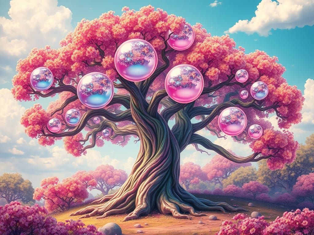Vibrant Bubblegum Tree in Whimsical Fantasy Landscape