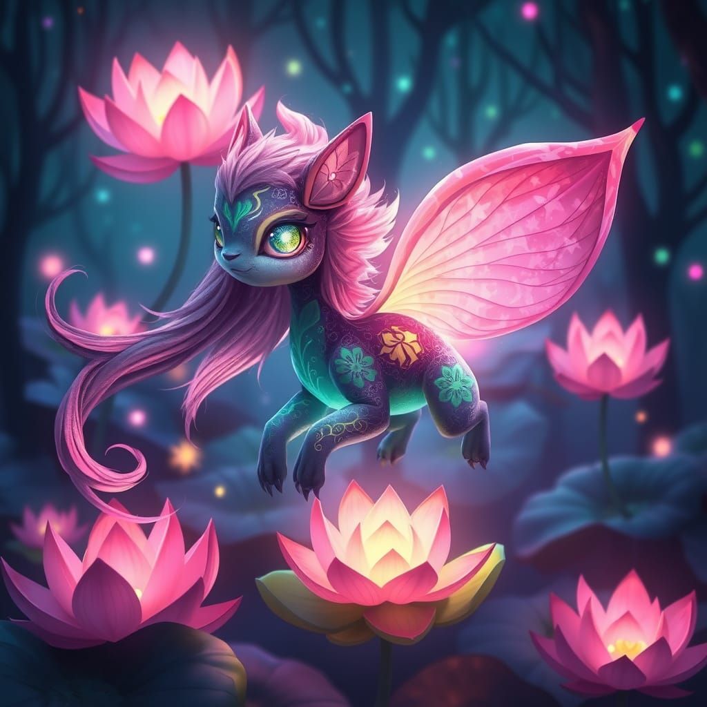 Whimsical Creature in Bioluminescent Forest with Lotus-Inspi...