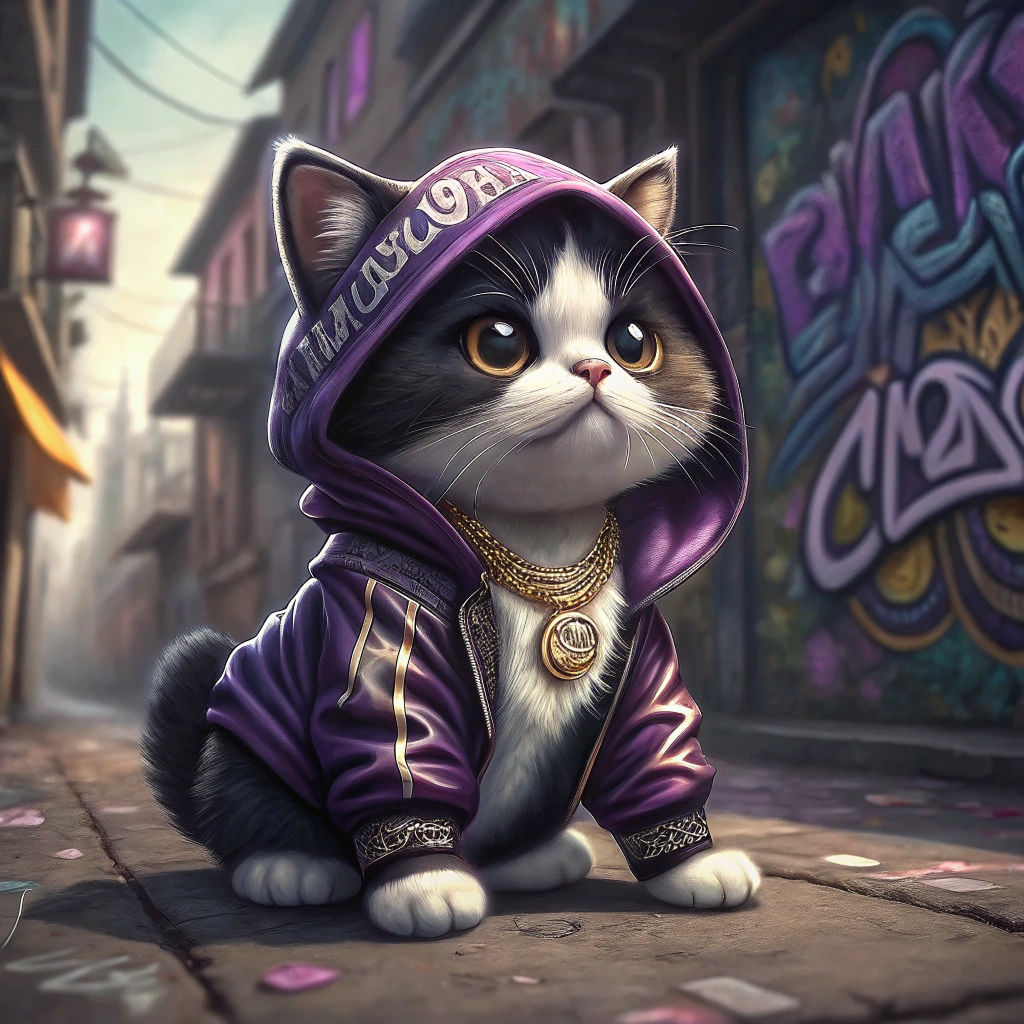 Kitten Rapper in Graffiti Alley: Digital Art