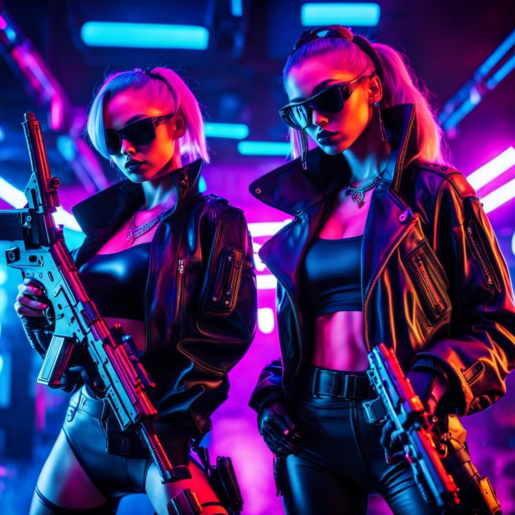 Cyberpunk Twin Hitwomen in Neon Club