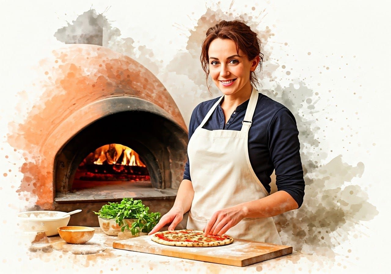 Italian Chef Baking Pizza: Watercolour Splash Art