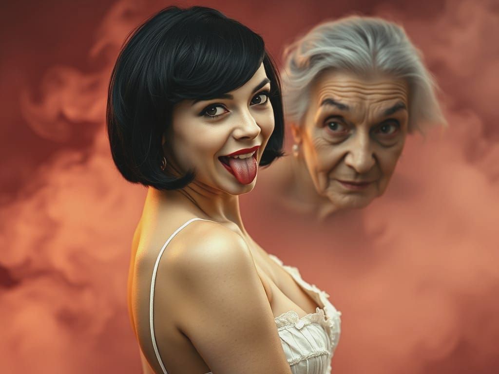 Cheeky Brunette in Ballerina Pose with Ethereal Woman