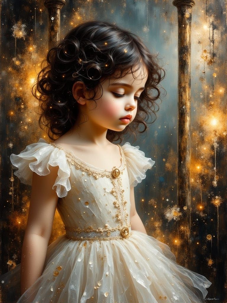 Victorian Toddler Girl in Gazebo at Dawn, Baroque Style