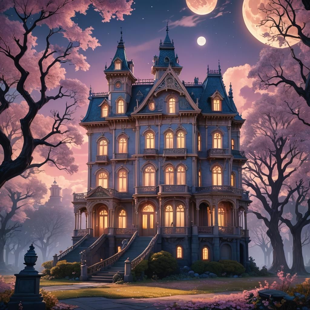 Anime Haunted Mansion with Pastel Colors and Ethereal Mist
