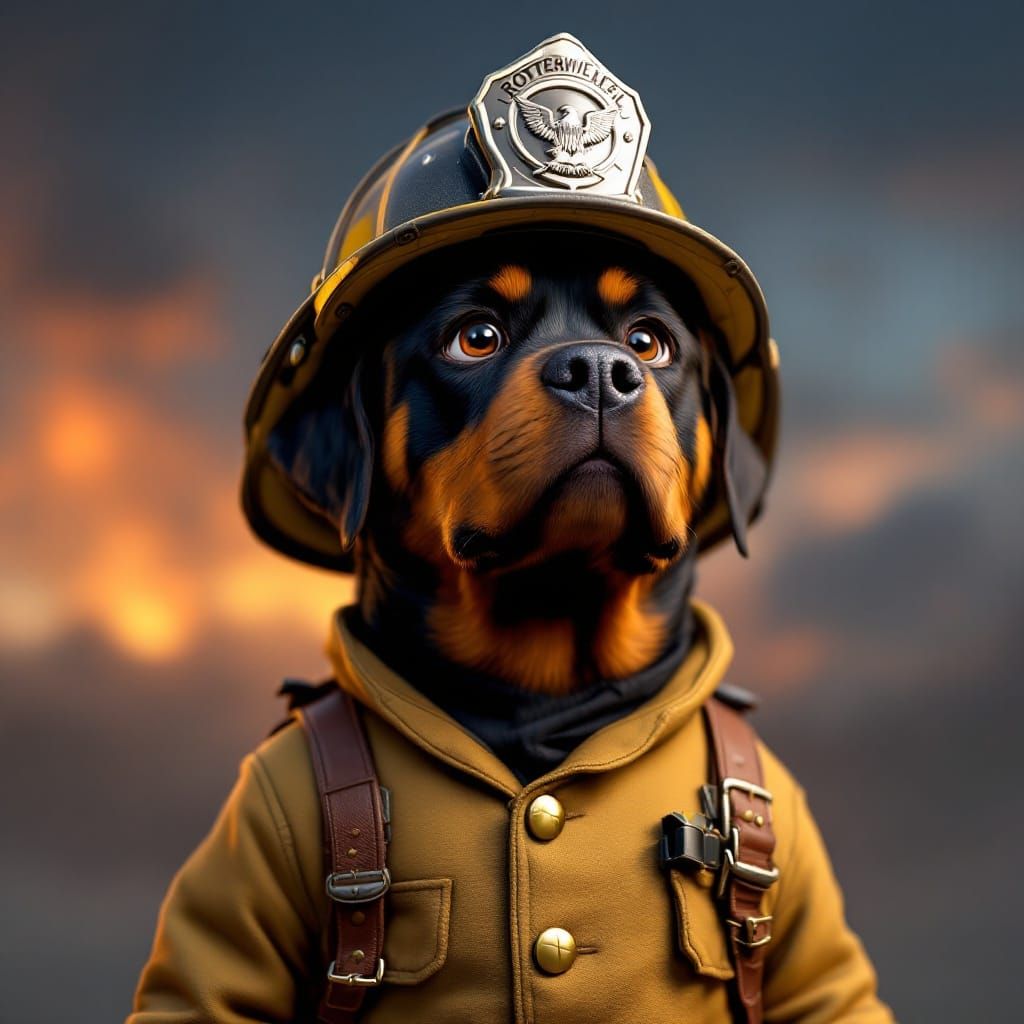 Heroic Rottweiler Firefighter in Miniature Uniform