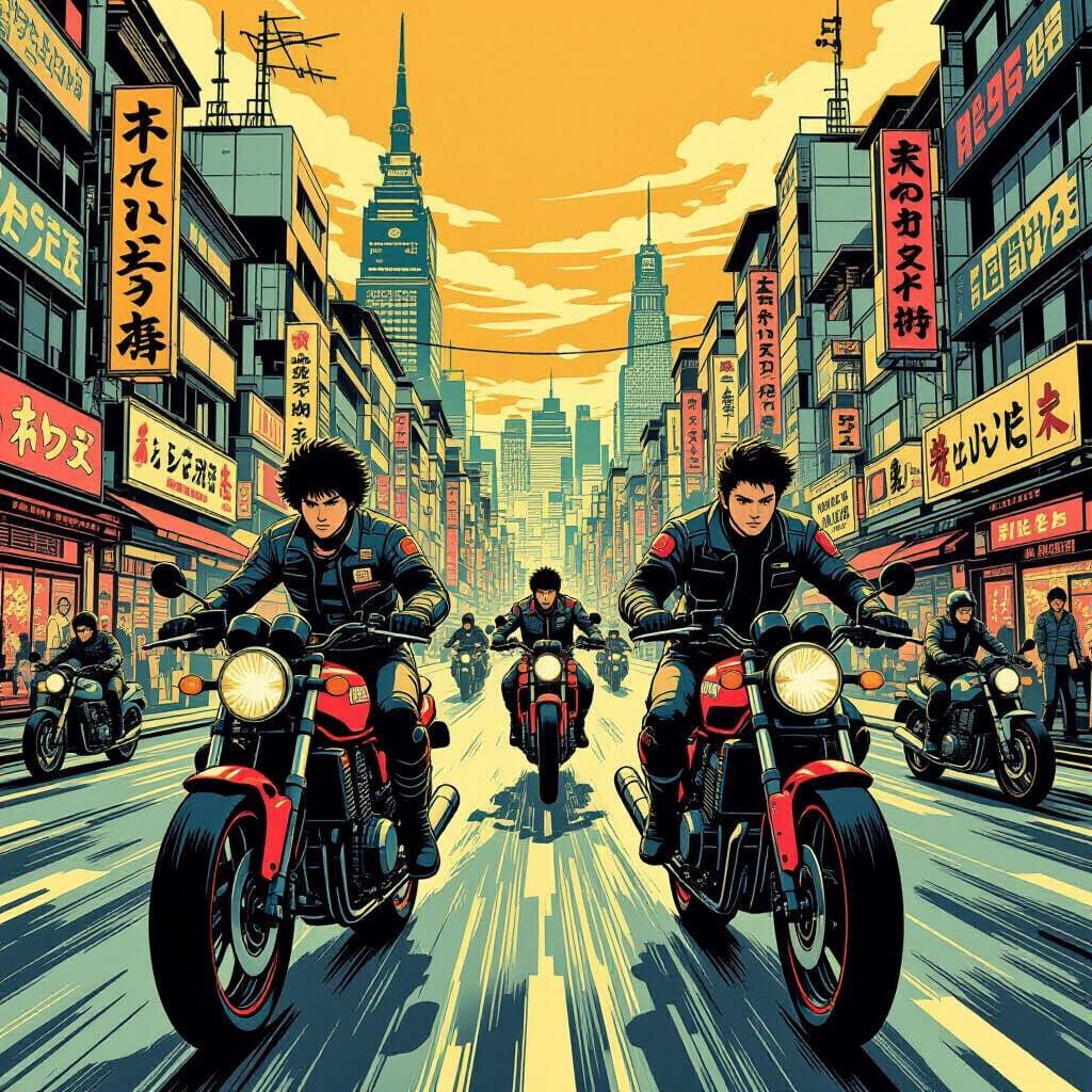 ukiyo-e style Akira and friends riding motorcycles. All them...