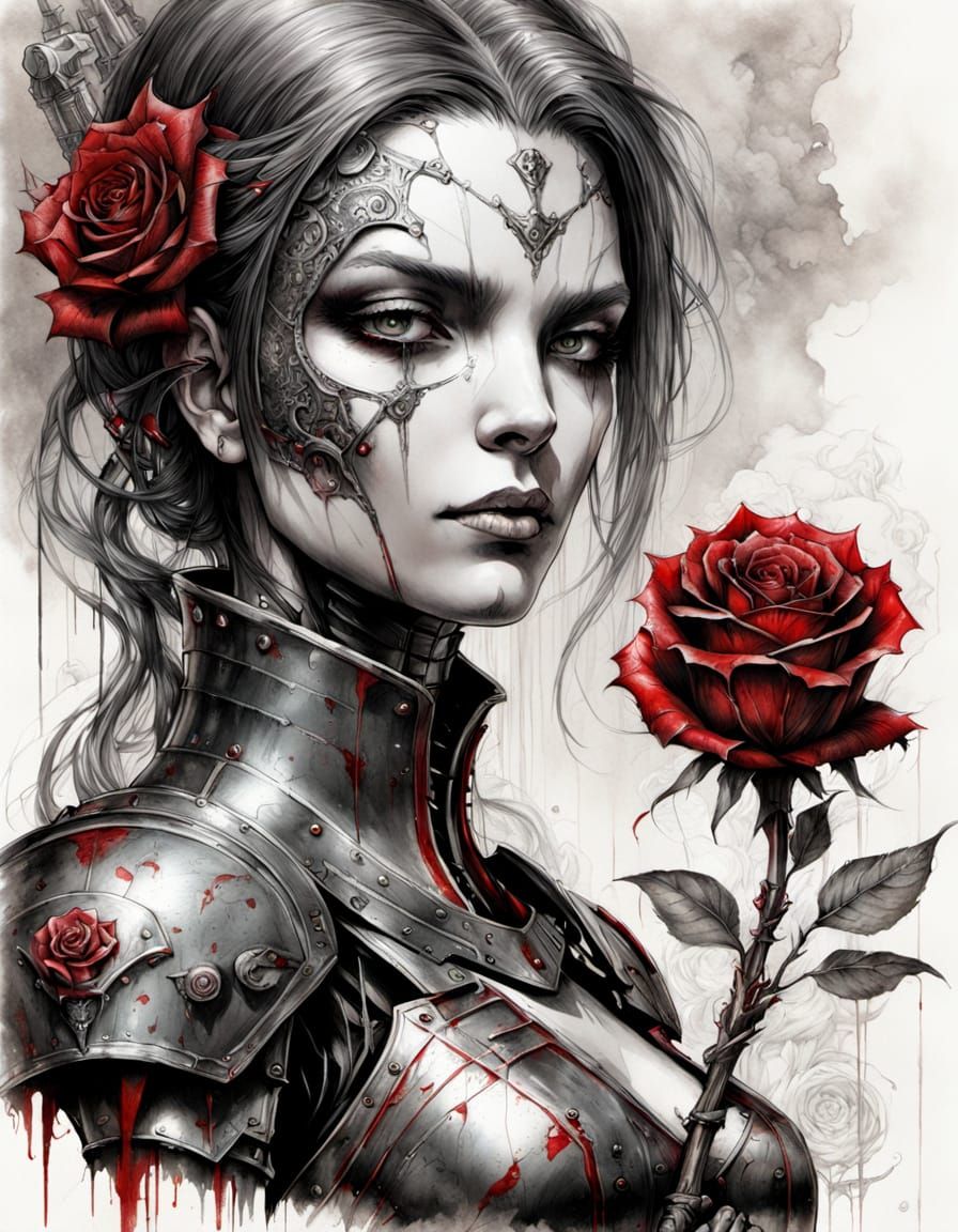 Cyborg Woman with Rose: Ink and Charcoal Sketch