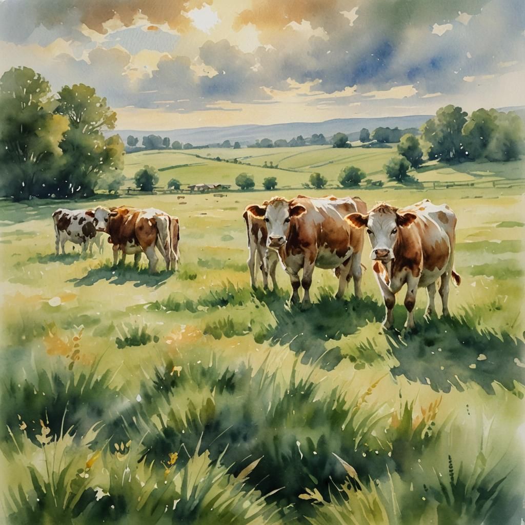 Idyllic Calves in Impressionistic Watercolor Meadow