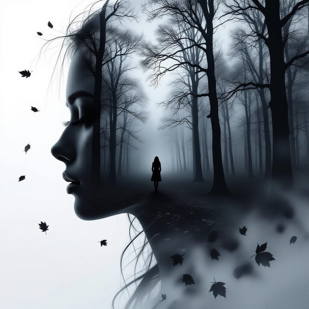 Monochrome Forest Woman Face Illusion