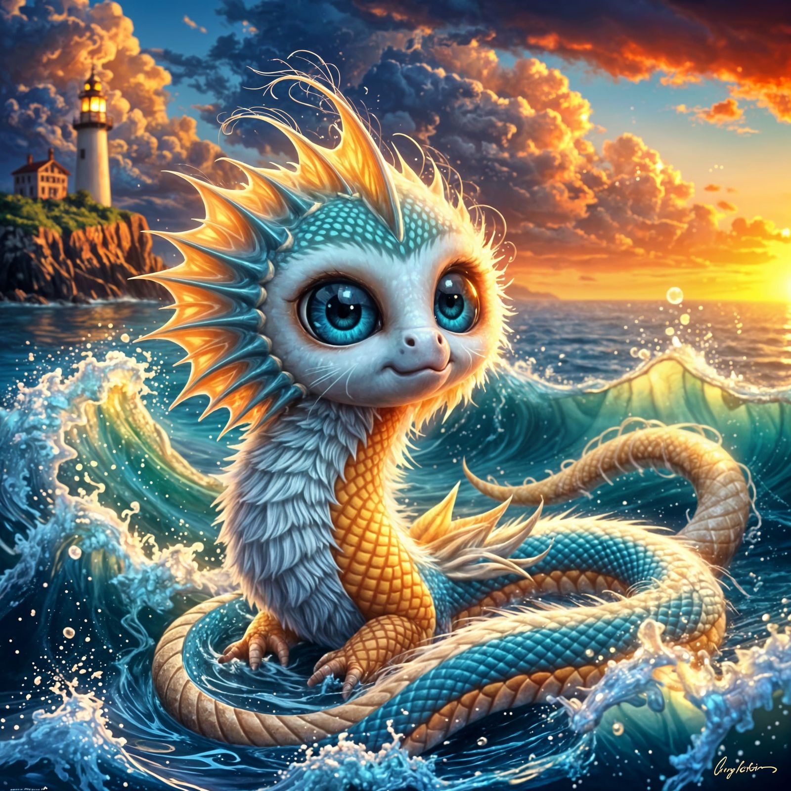 Whimsical Oceanic Dragonlet Captured in Sunset Waves