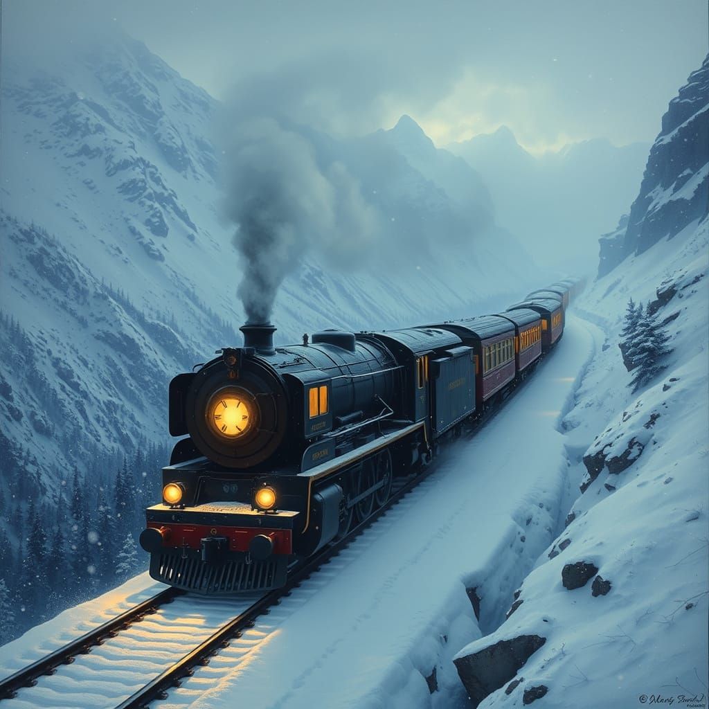 Majestic Steam Train in Snowy Mountain Blizzard