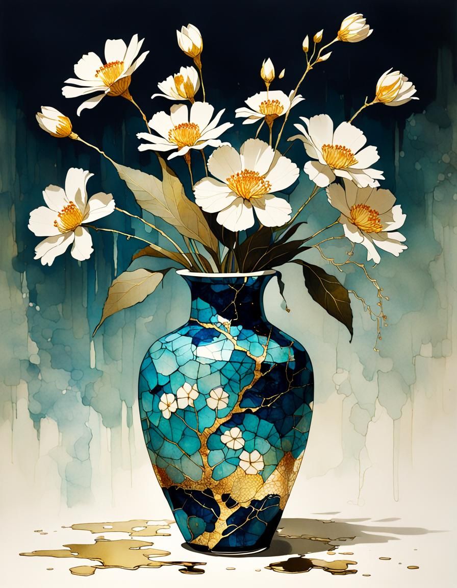 Kintsugi Floral Arrangement in Alcohol Ink Style