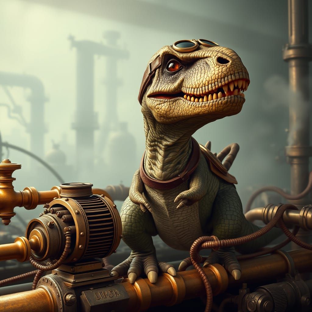 Steampunk Tyrannosaurus Rex Infant with Miniature Engine