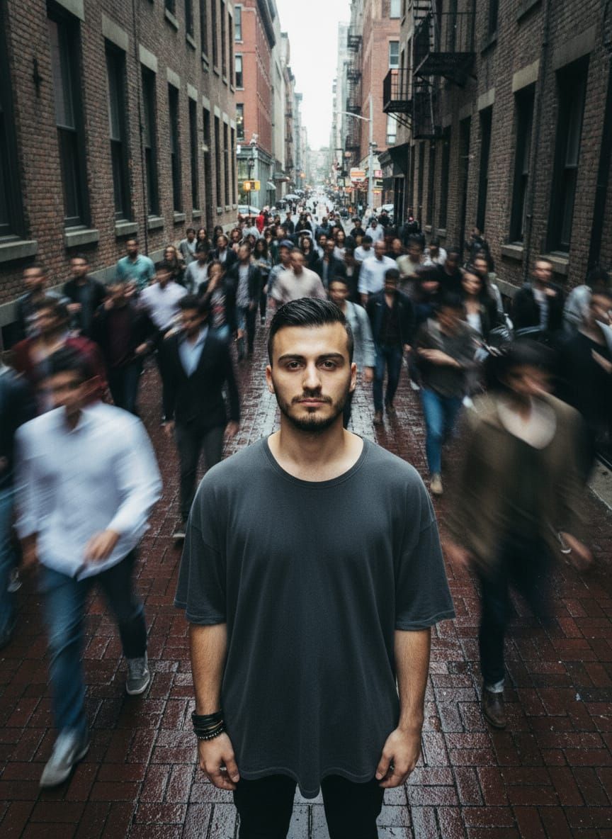 Moody Cityscape: Man in Motion-Blurred Crowd