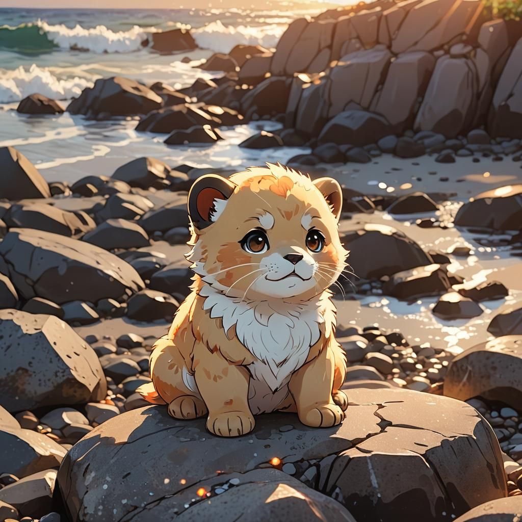 Chibi Fire Seal Cub on Beach in Anime Style