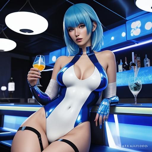 Woman in Latex Suit at Futuristic Bar