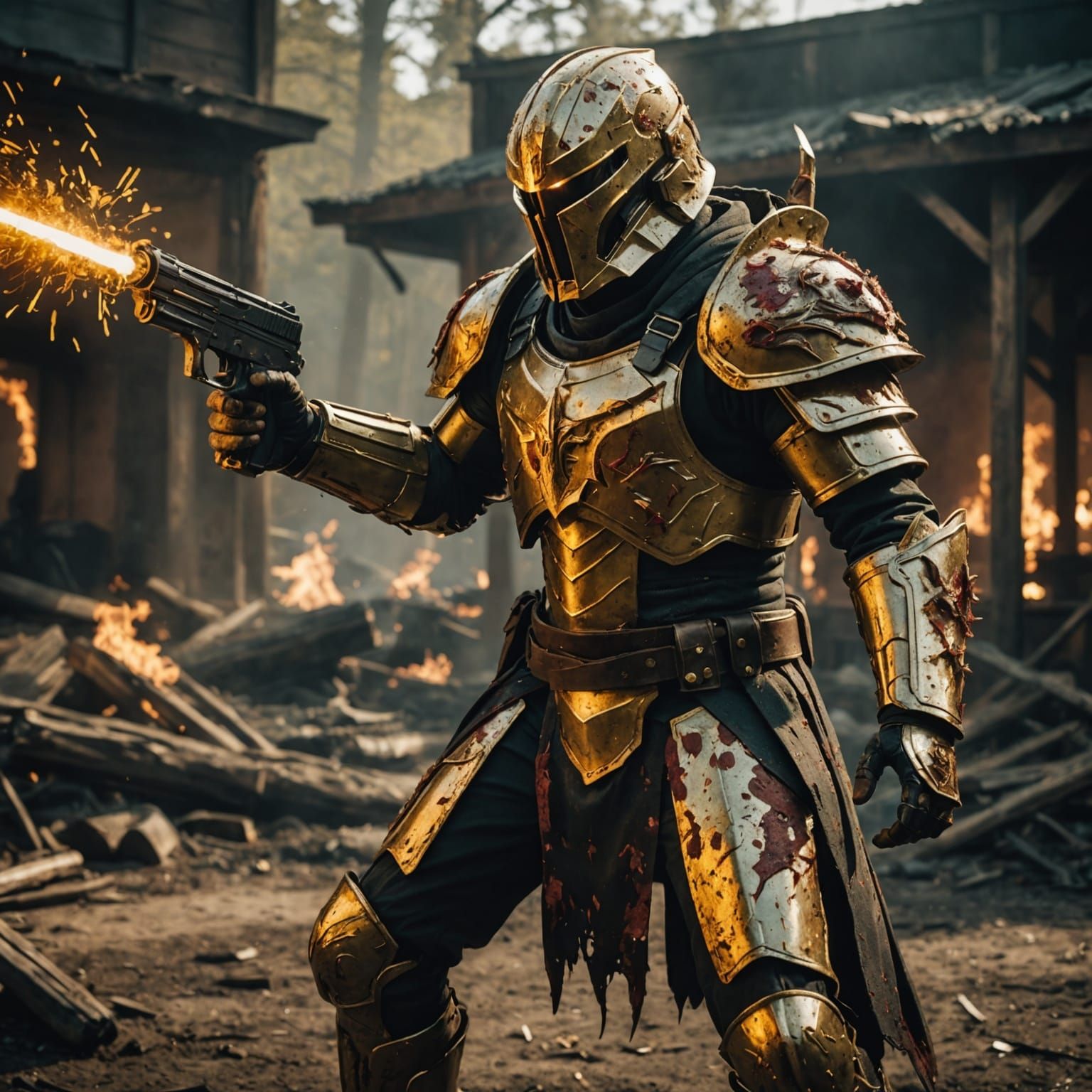 Epic Golden Warrior in Dramatic Battle Scene