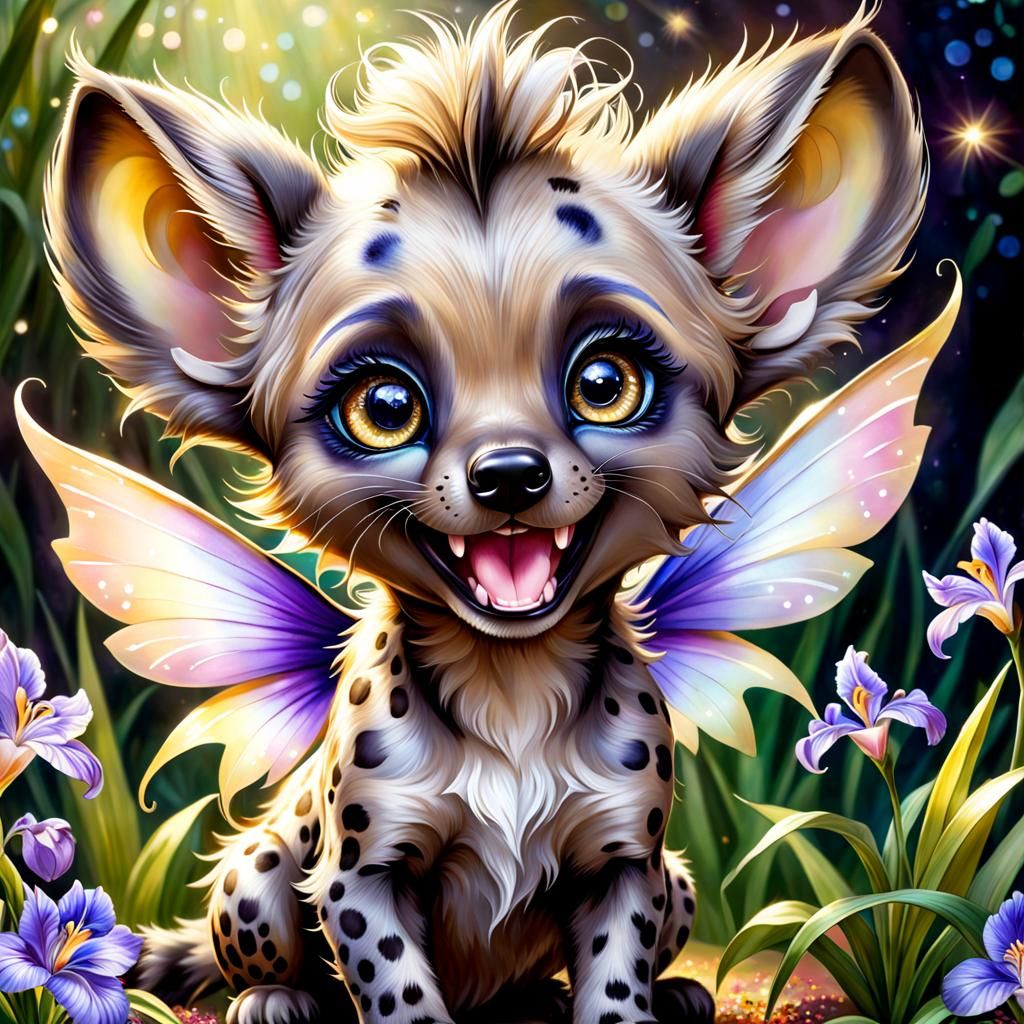 Fairy Hyena with Sparkling Wings in Watercolor